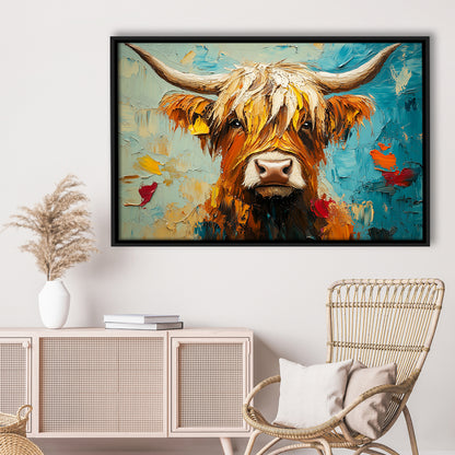 Close Up Highland Cow Portrait Art Painting, Framed Canvas Print, Painting Art, Floating Framed Canvas Print Wall Art