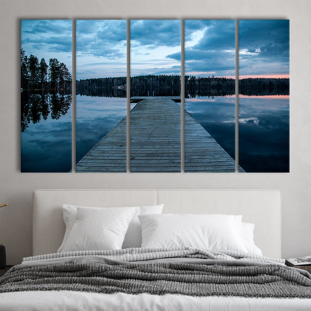 Cloudy lake sunset Scenic photography for home Office room wall decor, 5 Panel B Canvas Print Wall Art, Extra Large Canvas