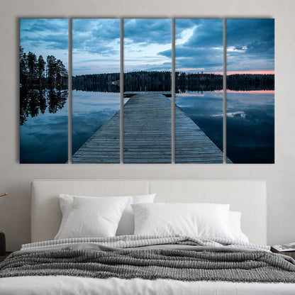 Cloudy lake sunset Scenic photography for home Office room wall decor, 5 Panel B Canvas Print Wall Art, Extra Large Canvas