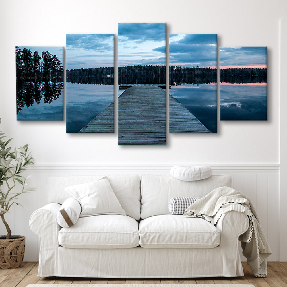 Cloudy lake sunset Scenic photography for home Office room wall decor, 5 Panel Mixed Canvas Print Wall Art, Large Canvas