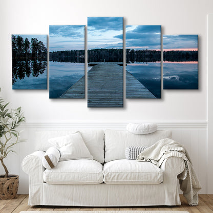 Cloudy lake sunset Scenic photography for home Office room wall decor, 5 Panel Mixed Canvas Print Wall Art, Large Canvas