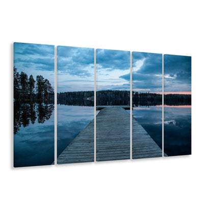 Cloudy lake sunset Scenic photography for home Office room wall decor, 5 Panel B Canvas Print Wall Art, Extra Large Canvas