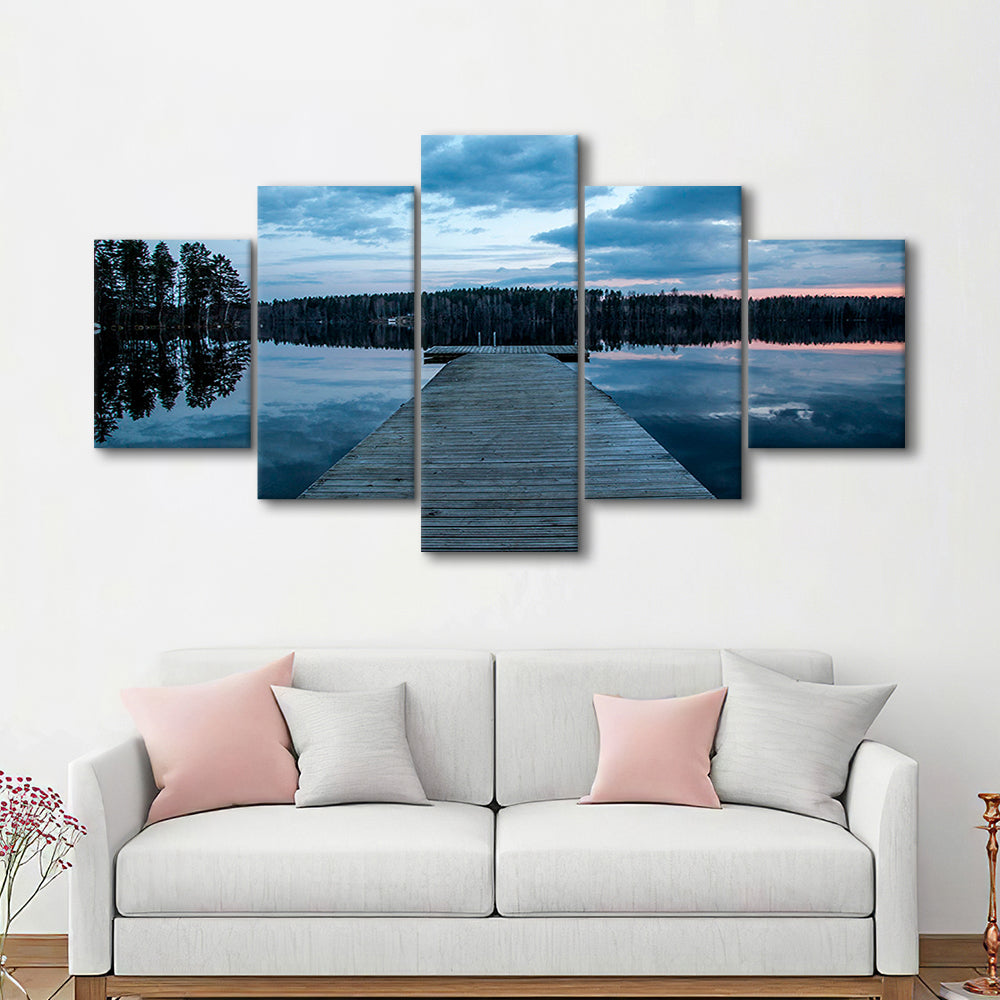 Cloudy lake sunset Scenic photography for home Office room wall decor, 5 Panel Mixed Canvas Print Wall Art, Large Canvas