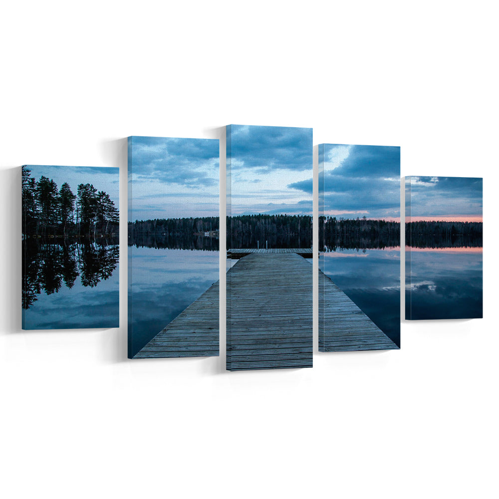 Cloudy lake sunset Scenic photography for home Office room wall decor, 5 Panel Mixed Canvas Print Wall Art, Large Canvas