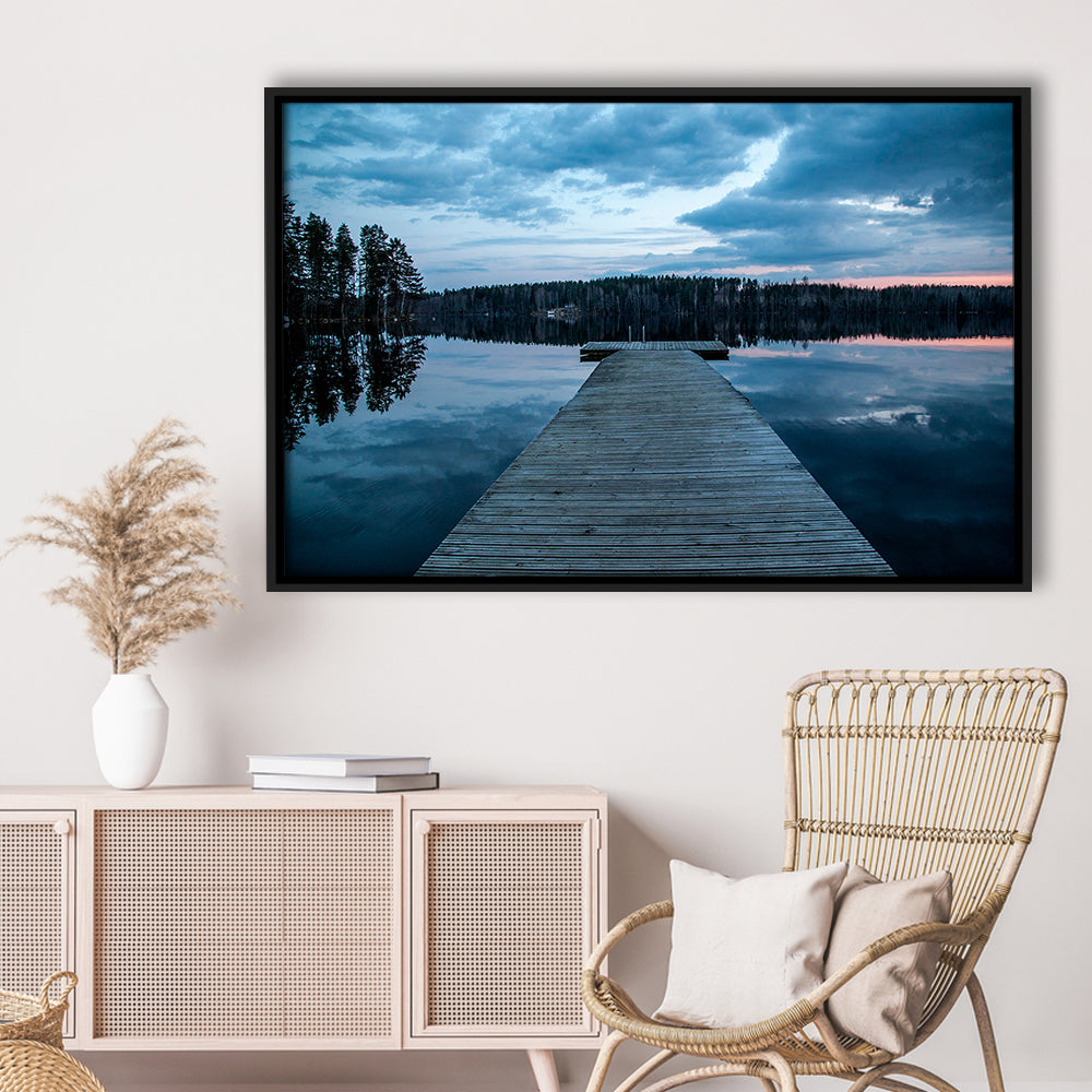 Cloudy Lake Sunset Scenic Photography For Home Office Room Wall Decor, Framed Canvas Print Wall Art, Floating Frame
