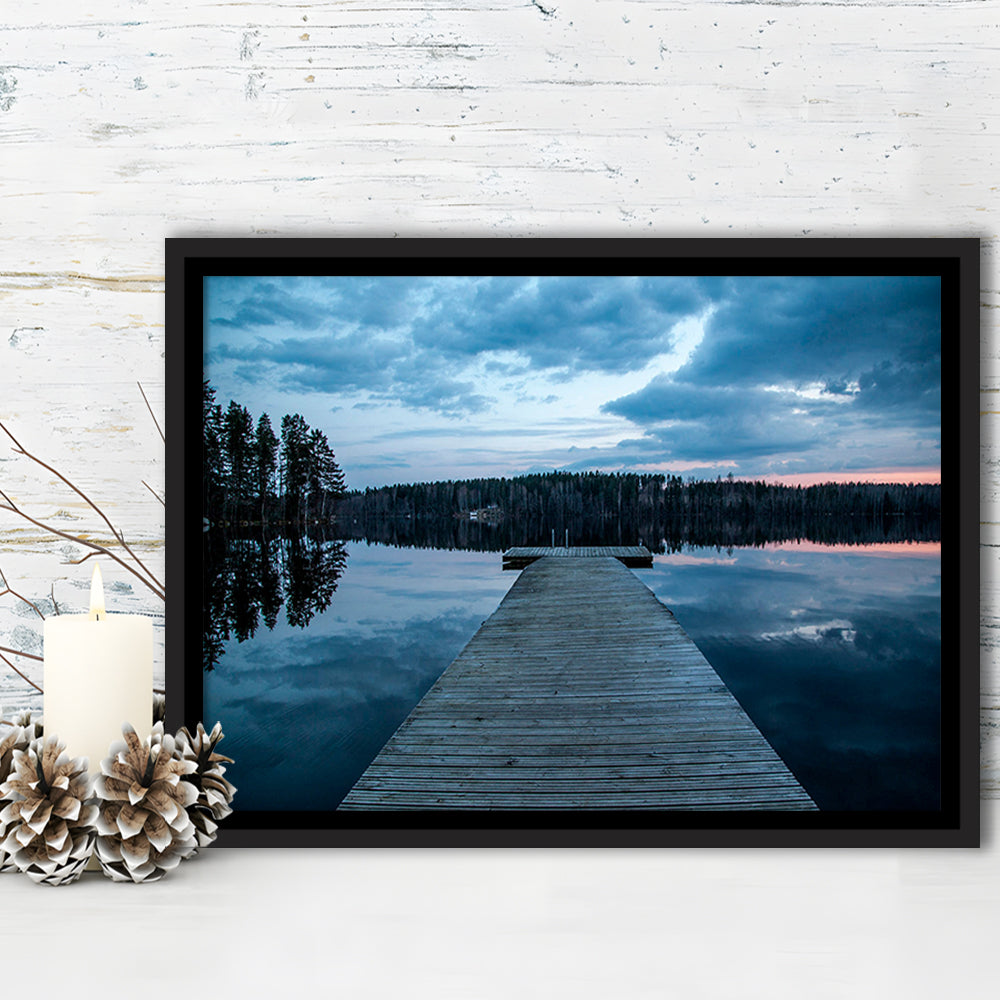 Cloudy Lake Sunset Scenic Photography For Home Office Room Wall Decor, Framed Canvas Print Wall Art, Floating Frame