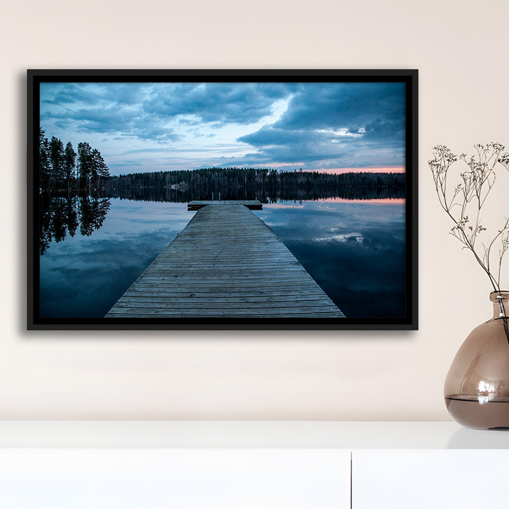 Cloudy Lake Sunset Scenic Photography For Home Office Room Wall Decor, Framed Canvas Print Wall Art, Floating Frame