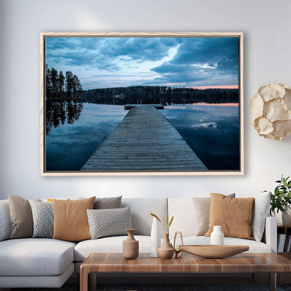 Cloudy Lake Sunset Scenic Photography For Home Office Room Wall Decor, Framed Canvas Print Wall Art, Floating Frame