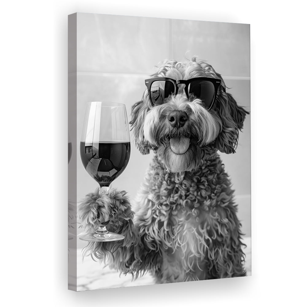 Cockapoo Drinking Wine Canvas Print Wall Art, Black and White, Cockapoo Bar Cart Print, Bar Decor, Kitchen Decor
