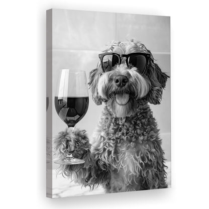 Cockapoo Drinking Wine Canvas Print Wall Art, Black and White, Cockapoo Bar Cart Print, Bar Decor, Kitchen Decor