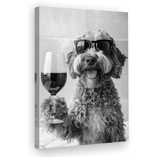 Cockapoo Drinking Wine Canvas Print Wall Art, Black and White, Cockapoo Bar Cart Print, Bar Decor, Kitchen Decor