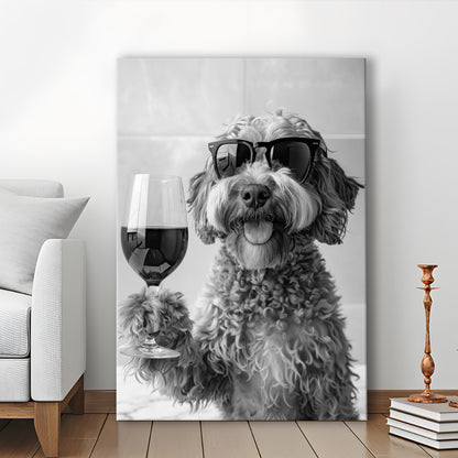 Cockapoo Drinking Wine Canvas Print Wall Art, Black and White, Cockapoo Bar Cart Print, Bar Decor, Kitchen Decor