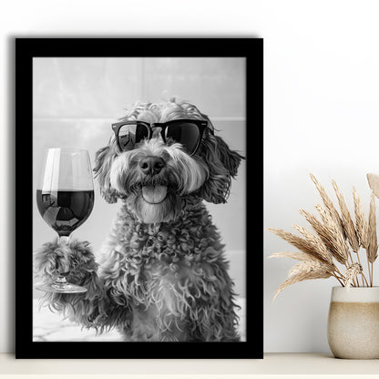 Cockapoo Drinking Wine Framed Art Print Wall Decor, Black and White, Cockapoo Bar Cart Print, Bar Decor, Kitchen Decor