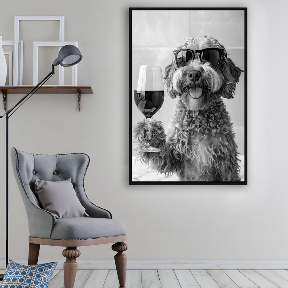 Cockapoo Drinking Wine Framed Canvas Print Wall Art, Black and White, Cockapoo Bar Cart Print, Bar Decor, Kitchen Decor