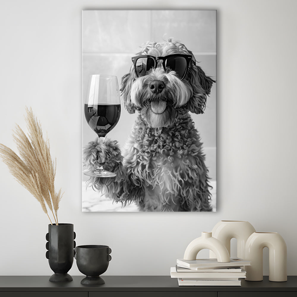 Cockapoo Drinking Wine Canvas Print Wall Art, Black and White, Cockapoo Bar Cart Print, Bar Decor, Kitchen Decor