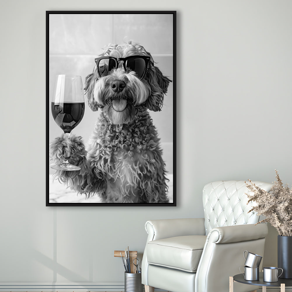 Cockapoo Drinking Wine Framed Canvas Print Wall Art, Black and White, Cockapoo Bar Cart Print, Bar Decor, Kitchen Decor