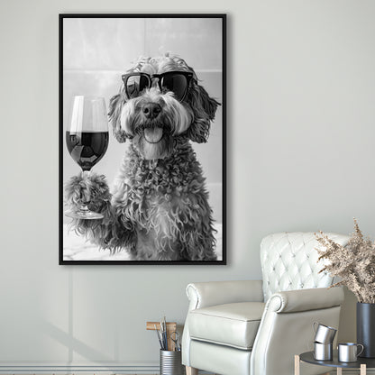 Cockapoo Drinking Wine Framed Canvas Print Wall Art, Black and White, Cockapoo Bar Cart Print, Bar Decor, Kitchen Decor