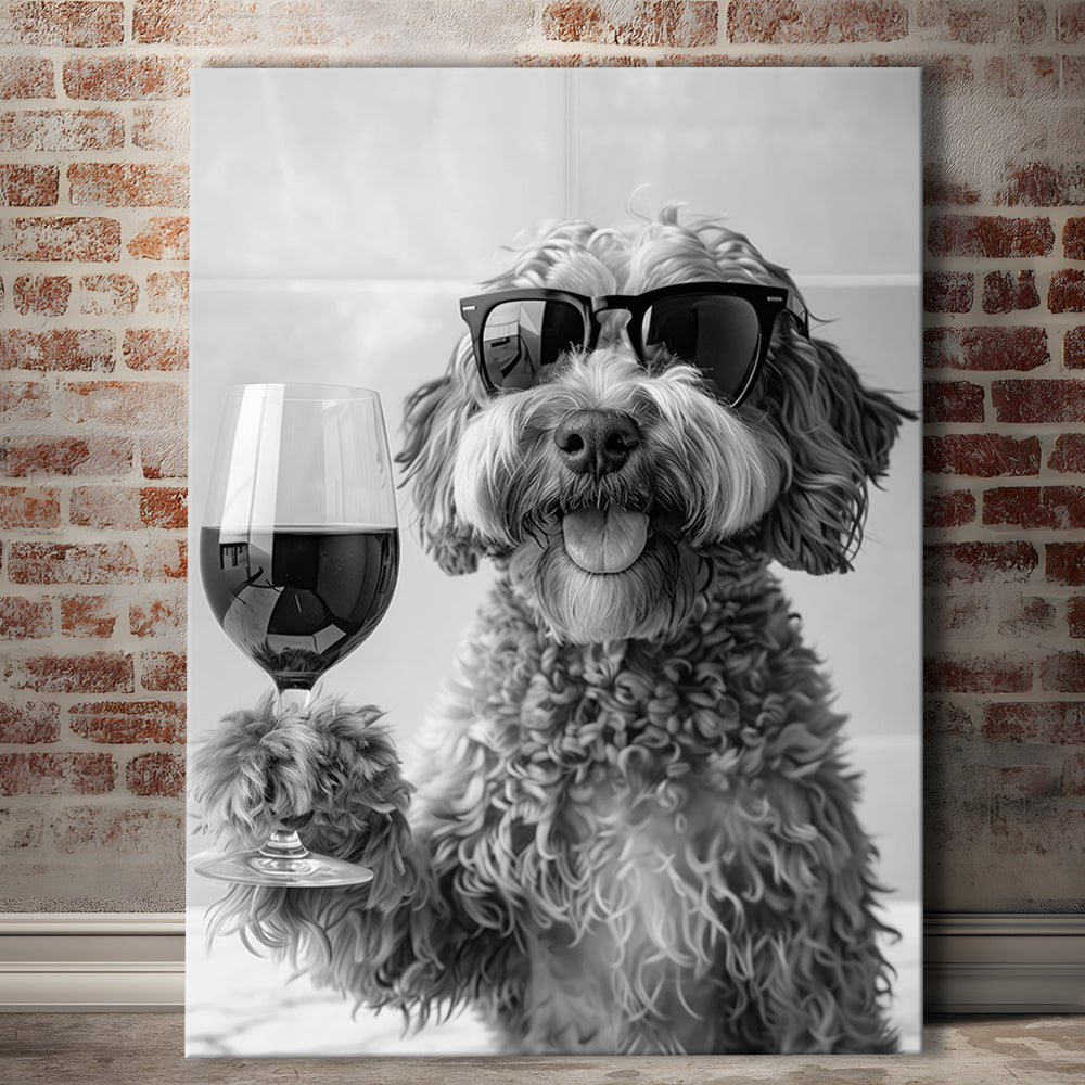 Cockapoo Drinking Wine Canvas Print Wall Art, Black and White, Cockapoo Bar Cart Print, Bar Decor, Kitchen Decor