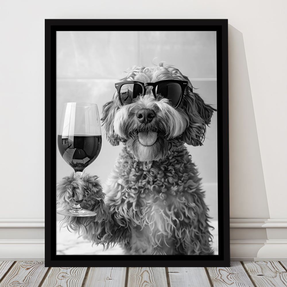 Cockapoo Drinking Wine Framed Canvas Print Wall Art, Black and White, Cockapoo Bar Cart Print, Bar Decor, Kitchen Decor
