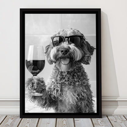 Cockapoo Drinking Wine Framed Canvas Print Wall Art, Black and White, Cockapoo Bar Cart Print, Bar Decor, Kitchen Decor