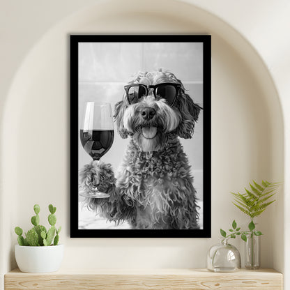 Cockapoo Drinking Wine Framed Art Print Wall Decor, Black and White, Cockapoo Bar Cart Print, Bar Decor, Kitchen Decor