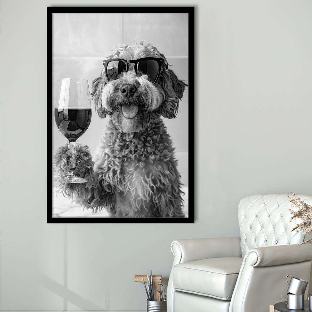 Cockapoo Drinking Wine Framed Art Print Wall Decor, Black and White, Cockapoo Bar Cart Print, Bar Decor, Kitchen Decor