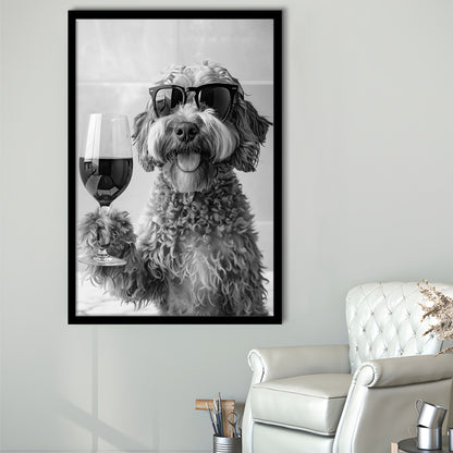Cockapoo Drinking Wine Framed Art Print Wall Decor, Black and White, Cockapoo Bar Cart Print, Bar Decor, Kitchen Decor
