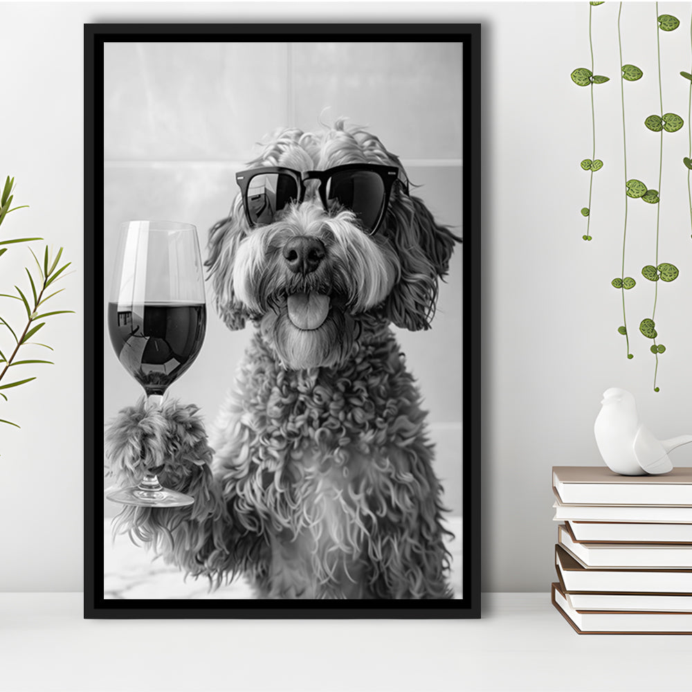 Cockapoo Drinking Wine Framed Canvas Print Wall Art, Black and White, Cockapoo Bar Cart Print, Bar Decor, Kitchen Decor
