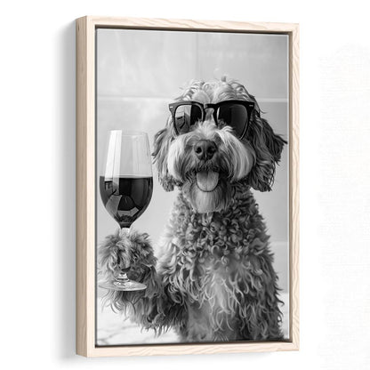 Cockapoo Drinking Wine Framed Canvas Print Wall Art, Black and White, Cockapoo Bar Cart Print, Bar Decor, Kitchen Decor