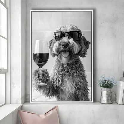 Cockapoo Drinking Wine Framed Canvas Print Wall Art, Black and White, Cockapoo Bar Cart Print, Bar Decor, Kitchen Decor
