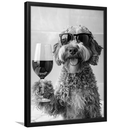 Cockapoo Drinking Wine Framed Art Print Wall Decor, Black and White, Cockapoo Bar Cart Print, Bar Decor, Kitchen Decor