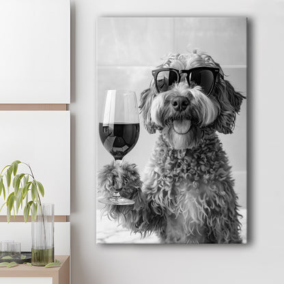 Cockapoo Drinking Wine Canvas Print Wall Art, Black and White, Cockapoo Bar Cart Print, Bar Decor, Kitchen Decor
