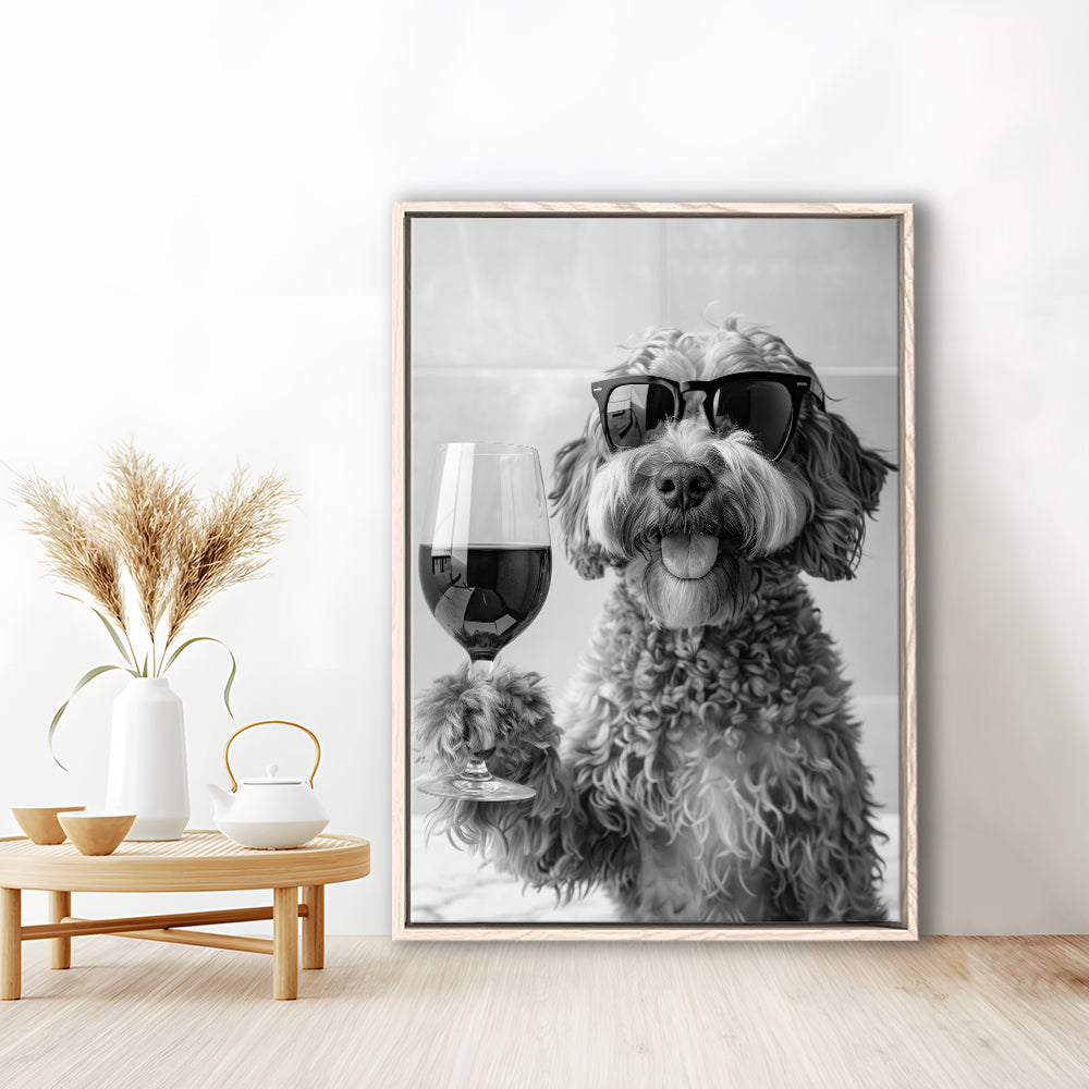 Cockapoo Drinking Wine Framed Canvas Print Wall Art, Black and White, Cockapoo Bar Cart Print, Bar Decor, Kitchen Decor