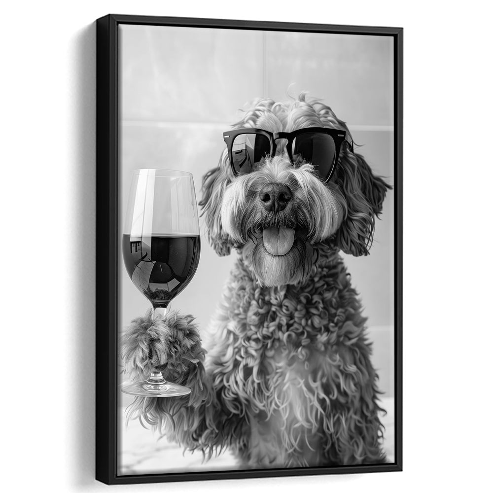 Cockapoo Drinking Wine Framed Canvas Print Wall Art, Black and White, Cockapoo Bar Cart Print, Bar Decor, Kitchen Decor