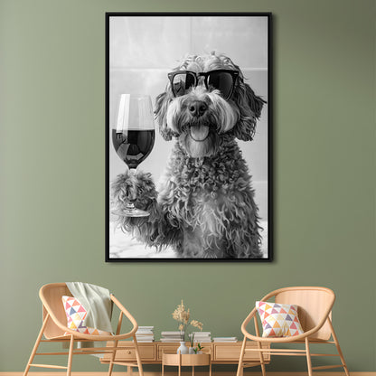 Cockapoo Drinking Wine Framed Canvas Print Wall Art, Black and White, Cockapoo Bar Cart Print, Bar Decor, Kitchen Decor