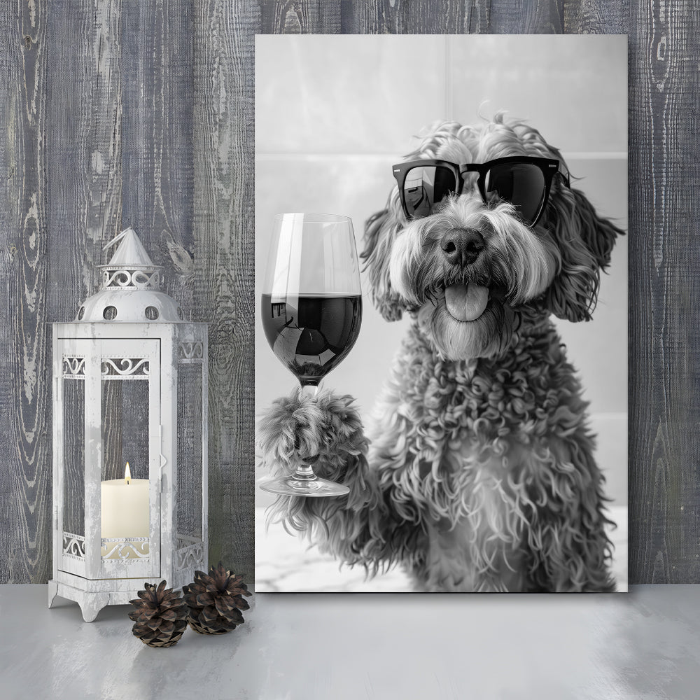 Cockapoo Drinking Wine Canvas Print Wall Art, Black and White, Cockapoo Bar Cart Print, Bar Decor, Kitchen Decor