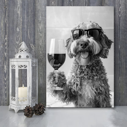 Cockapoo Drinking Wine Canvas Print Wall Art, Black and White, Cockapoo Bar Cart Print, Bar Decor, Kitchen Decor