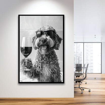 Cockapoo Drinking Wine Framed Art Print Wall Decor, Black and White, Cockapoo Bar Cart Print, Bar Decor, Kitchen Decor