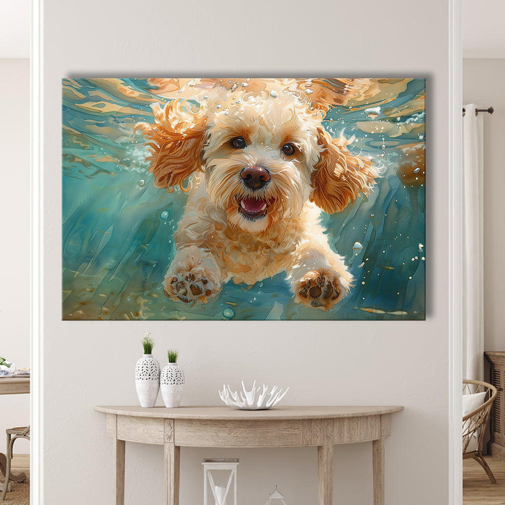 Cockapoo Funny Dog Underwater Watercolor, Funny Pet Art, Canvas Print Wall Art Home Decor