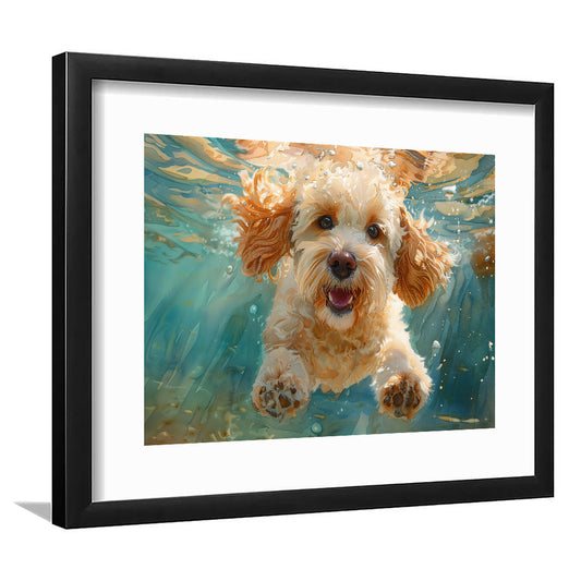 Cockapoo Funny Dog Underwater Watercolor, Funny Pet Art, Framed Art Print White Border Wall Decor