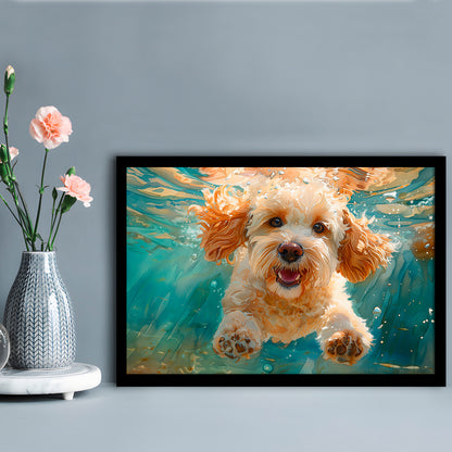 Cockapoo Funny Dog Underwater Watercolor, Funny Pet Art, Framed Art Print Wall Decor, Framed Picture