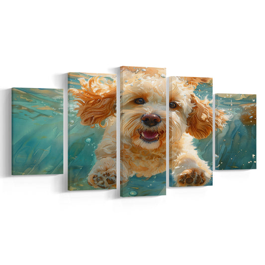 Cockapoo Funny Dog Underwater Watercolor, Funny Pet Art, Mixed Panels Canvas Print Wall Art