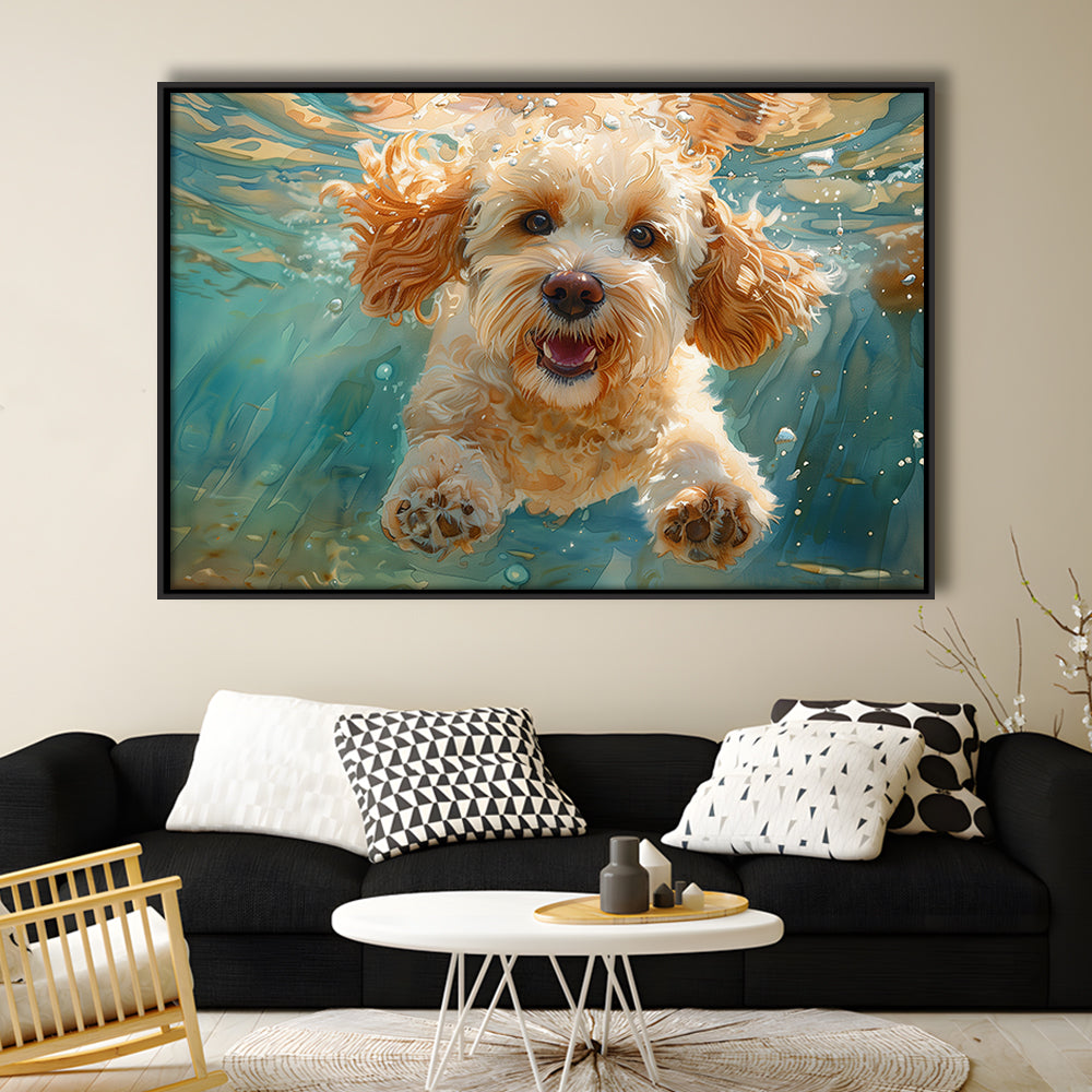Cockapoo Funny Dog Underwater Watercolor, Funny Pet Art, Floating Framed Canvas Print Wall Art
