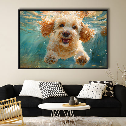 Cockapoo Funny Dog Underwater Watercolor, Funny Pet Art, Floating Framed Canvas Print Wall Art