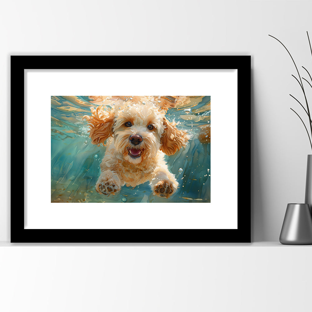Cockapoo Funny Dog Underwater Watercolor, Funny Pet Art, Framed Art Print White Border Wall Decor
