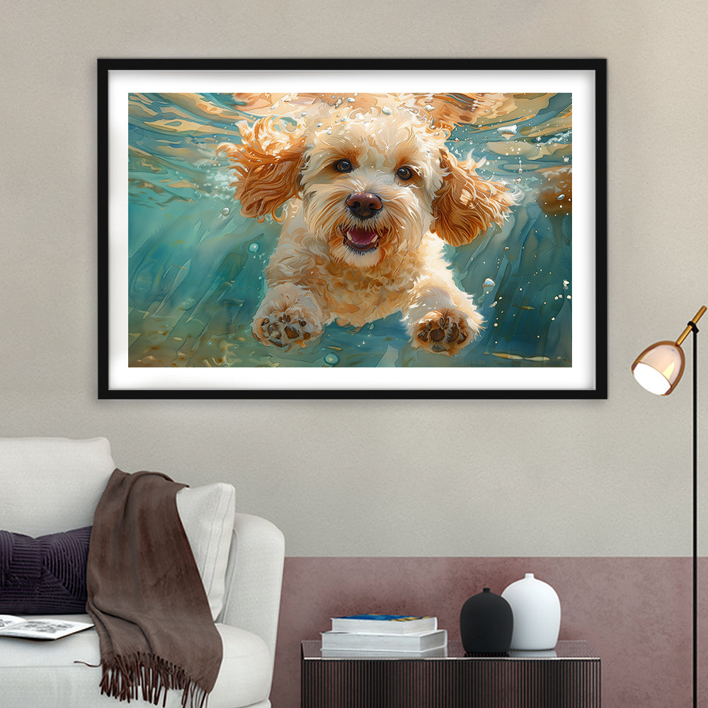 Cockapoo Funny Dog Underwater Watercolor, Funny Pet Art, Framed Art Print White Border Wall Decor