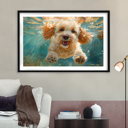Cockapoo Funny Dog Underwater Watercolor, Funny Pet Art, Framed Art Print White Border Wall Decor