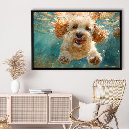 Cockapoo Funny Dog Underwater Watercolor, Funny Pet Art, Floating Framed Canvas Print Wall Art