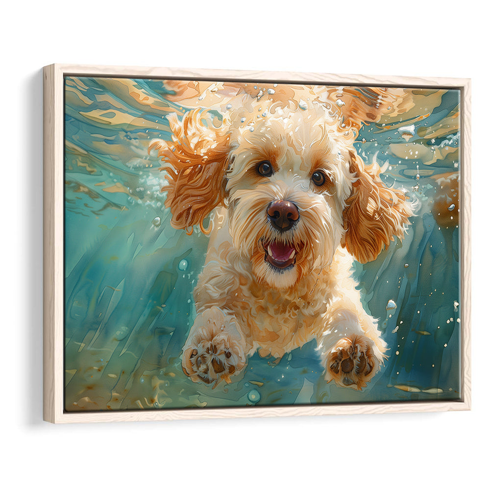 Cockapoo Funny Dog Underwater Watercolor, Funny Pet Art, Floating Framed Canvas Print Wall Art