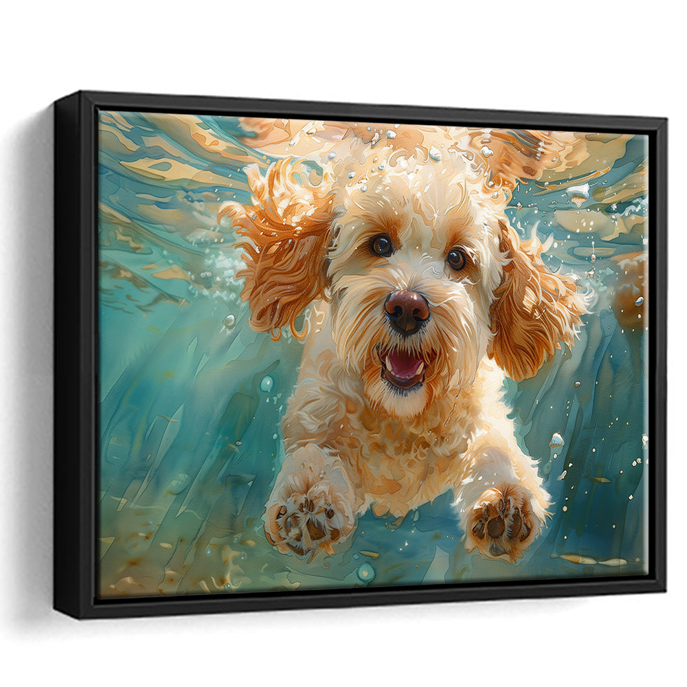 Cockapoo Funny Dog Underwater Watercolor, Funny Pet Art, Floating Framed Canvas Print Wall Art